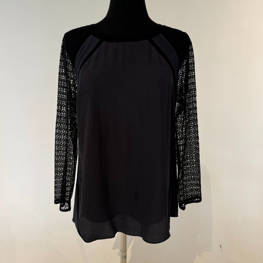 REBECCA TAYLOR Navy Blouse with Black Lace Arms